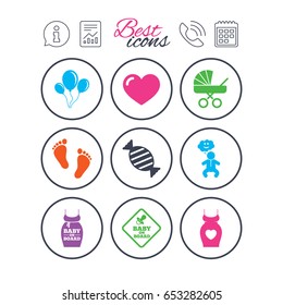 Information, report and calendar signs. Pregnancy, maternity and baby care icons. Newborn, strollers and pacifier signs. Footprint, candy and love symbols. Phone call symbol. Vector