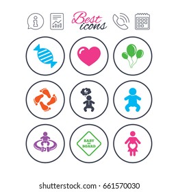 Information, report and calendar signs. Pregnancy, maternity and baby care icons. Candy, strollers and fasten seat belt signs. Footprint, love and balloon symbols. Phone call symbol. Vector