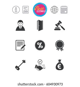 Information, report and calendar signs. Real estate, auction icons. Home key, discount and door signs. Business agent, award medal symbols. Classic simple flat web icons. Vector