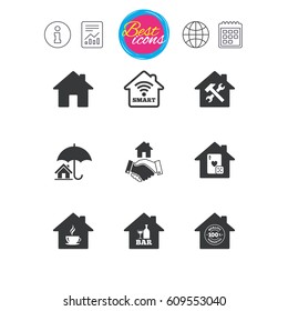 Information, report and calendar signs. Real estate icons. House insurance, broker and casino with bar signs. Handshake deal, coffee and smart house symbols. Classic simple flat web icons. Vector
