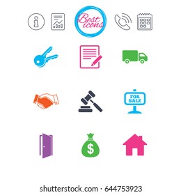 Information, report and calendar signs. Real estate, auction icons. Handshake, for sale and money bag signs. Keys, delivery truck and door symbols. Classic simple flat web icons. Vector