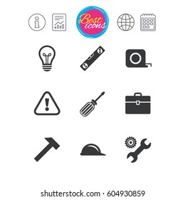 Information, report and calendar signs. Repair, construction icons. Engineering, helmet and screwdriver signs. Lamp, electricity and attention symbols. Classic simple flat web icons. Vector