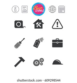 Information, report and calendar signs. Repair, construction icons. Helmet, screwdriver and hammer signs. Gears, painting spray and attention symbols. Classic simple flat web icons. Vector