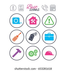 Information, report and calendar signs. Repair, construction icons. Helmet, screwdriver and hammer signs. Gears, painting spray and attention symbols. Phone call symbol. Classic simple flat web icons