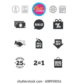 Information, report and calendar signs. Sale discounts icon. Shopping, handshake and cash money signs. 25, 70 and 80 percent off. Special offer symbols. Classic simple flat web icons. Vector