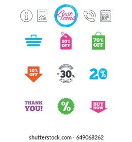 Information, report and calendar signs. Sale discounts icon. Shopping cart, coupon and buy now signs. 20, 30 and 50 percent off. Special offer symbols. Classic simple flat web icons. Vector