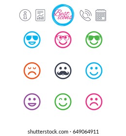 Information, report and calendar signs. Smile icons. Happy, sad and wink faces signs. Sunglasses, mustache and laughing lol smiley symbols. Classic simple flat web icons. Vector