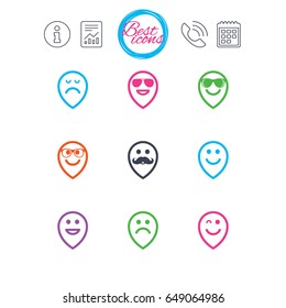 Information, report and calendar signs. Smile pointers icons. Happy, sad and wink faces signs. Sunglasses, mustache and laughing lol smiley symbols. Classic simple flat web icons. Vector