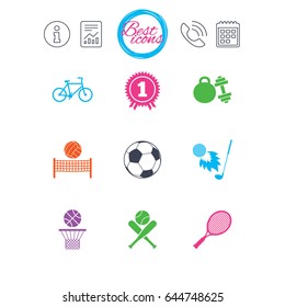 Information, report and calendar signs. Sport games, fitness icons. Football, basketball and tennis signs. Golf, bike and winner medal symbols. Classic simple flat web icons. Vector