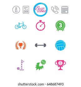 Information, report and calendar signs. Sport games, fitness icons. Golf, basketball and volleyball signs. Timer, bike and winner cup symbols. Classic simple flat web icons. Vector