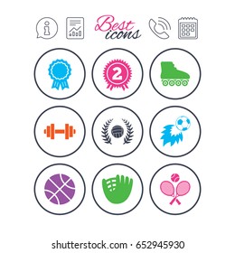 Information, report and calendar signs. Sport games, fitness icons. Football, basketball and volleyball signs. Dumbbell, baseball and winner award symbols. Phone call symbol. Vector