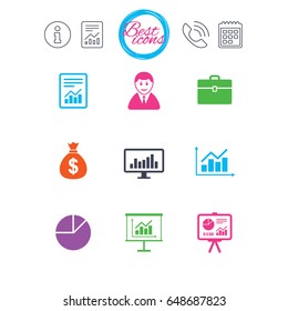 Information, report and calendar signs. Statistics, accounting icons. Charts, presentation and pie chart signs. Analysis, report and business case symbols. Classic simple flat web icons. Vector