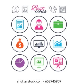 Information, report and calendar signs. Statistics, accounting icons. Charts, presentation and pie chart signs. Analysis, report and business case symbols. Phone call symbol. Vector