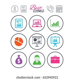 Information, report and calendar signs. Statistics, accounting icons. Charts, presentation and pie chart signs. Analysis, report and business case symbols. Phone call symbol. Vector