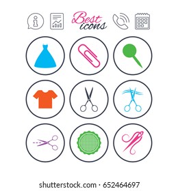 Information, report and calendar signs. Tailor, sewing and embroidery icons. Scissors, safety pin and needle signs. Shirt and dress symbols. Phone call symbol. Classic simple flat web icons. Vector