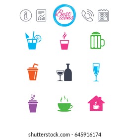 Information, report and calendar signs. Tea, coffee and beer icons. Beer, wine and cocktail signs. Take away drinks. Classic simple flat web icons. Vector