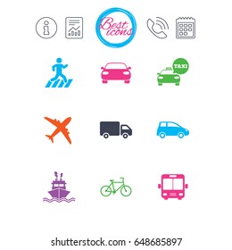 Information, report and calendar signs. Transport icons. Car, bike, bus and taxi signs. Shipping delivery, pedestrian crossing symbols. Classic simple flat web icons. Vector