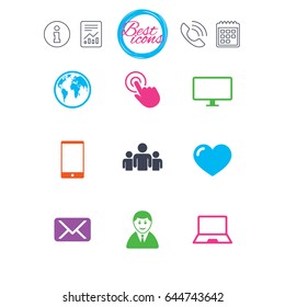 Information, report and calendar signs. Web, mobile devices icons. Share, mail and like signs. Laptop, phone and monitor symbols. Classic simple flat web icons. Vector