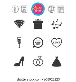 Information, report and calendar signs. Wedding, engagement icons. Rings, gift box and brilliant signs. Dress, shoes and musical notes symbols. Classic simple flat web icons. Vector