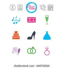 Information, report and calendar signs. Wedding, engagement icons. Cake with heart, gift box and vow love letter signs. Dress, fireworks and musical notes symbols. Classic simple flat web icons