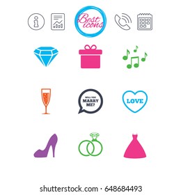 Information, report and calendar signs. Wedding, engagement icons. Rings, gift box and brilliant signs. Dress, shoes and musical notes symbols. Classic simple flat web icons. Vector