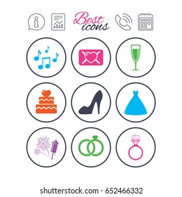 Information, report and calendar signs. Wedding, engagement icons. Cake with heart, gift box and vow love letter signs. Dress, fireworks and musical notes symbols. Phone call symbol. Vector