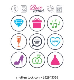 Information, report and calendar signs. Wedding, engagement icons. Rings, gift box and brilliant signs. Dress, shoes and musical notes symbols. Phone call symbol. Classic simple flat web icons. Vector