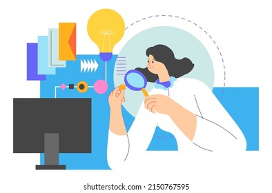 Information research and data, isolated woman scientist using magnifying glass. Worker by computer looking at screen with projects and email correspondence. Distant worker. Vector in flat style
