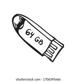 Information resident, flash card usb 2. Vector graphics in doodle style. Hand-drawn by a black line. Isolated image on a white background.