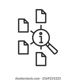 information retrieval icon, magnifying glass examines paper documents, tech symbol, vector icons eps10