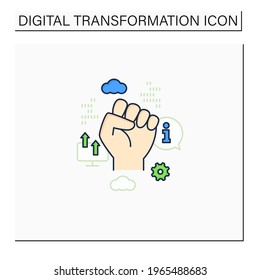 Information revolution color icon. Fist up. Saving, sharing info by computers.Digital transformation concept.Isolated vector illustration