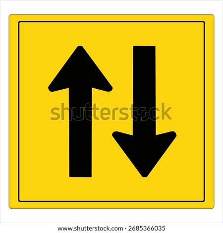 Information road sign. Two way traffic ahead. Keep alert. Warning for drivers about two directions of passage on street. Safety concept.