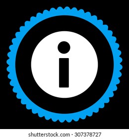 Information round stamp icon. This flat vector symbol is drawn with blue and white colors on a black background.