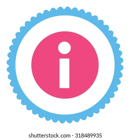 Information round stamp icon. This flat vector symbol is drawn with pink and blue colors on a white background.