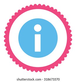Information round stamp icon. This flat vector symbol is drawn with pink and blue colors on a white background.