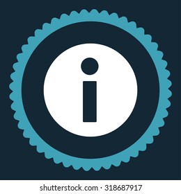 Information round stamp icon. This flat vector symbol is drawn with blue and white colors on a dark blue background.