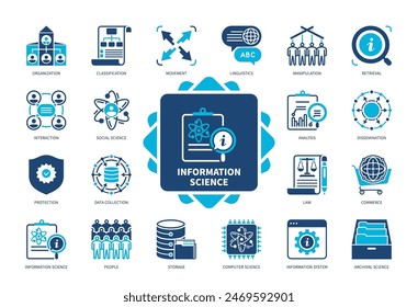 Symbol für die Wissenschaft von Informationen. Organisation Klassifikation, Linguistik, Bewegung, Verbreitung, Recht, Speicherung, Interaktion. Zweifarbige Volltonsymbole