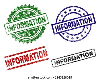 INFORMATION seal prints with corroded surface. Black, green,red,blue vector rubber prints of INFORMATION label with corroded surface. Rubber seals with circle, rectangle, rosette shapes.