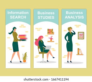 Information Search, Business Studies and Analysis Vertical Banners Set. Businesswoman Carry Pile of Document Folders, Working on Laptop, Calling by Mobile Phone. Cartoon Flat Vector Illustration.