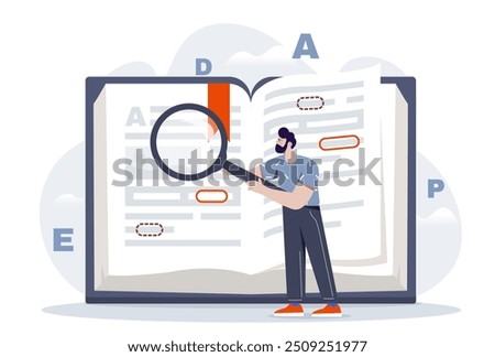 Information search concept. Man with manifying glass look at book. Male article author or editor looking for errors in text. Correcting grammatical errors in content. Flat vector illustration