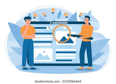 Information search concept. Men with magnifying glass analyze page of website. Modern technologies and digital world. Knowledge and ideas on Internet metaphor. Cartoon flat vector illustration