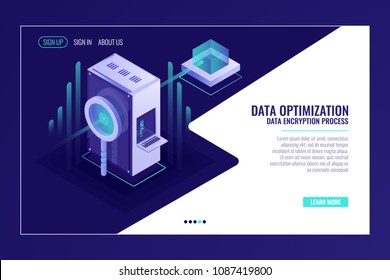 Information search data optimization concept, server room, magnifying glass, bigdata flow isometric vector Information search data optimization concept, server room, magnifying glass, bigdata flow isometric vector