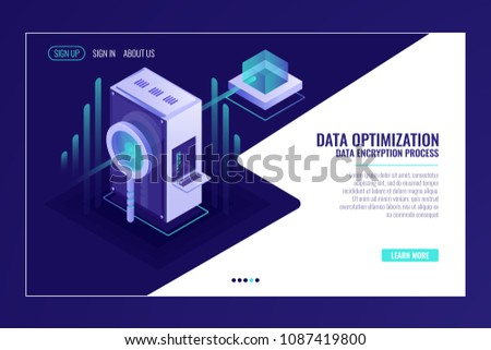 Information search data optimization concept, server room, magnifying glass, bigdata flow isometric vector