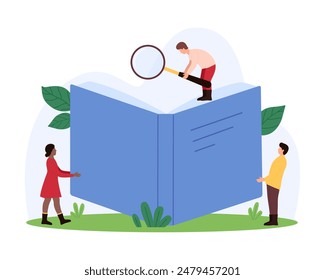 Information search, document analysis, data review or guide inspection, learning. Tiny people look through magnifier at open book, evaluate and find, read text online cartoon vector illustration