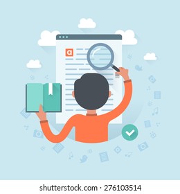 Information search. Man with magnifying glass looking for required information on a website page. User experience, communication and SEO concept