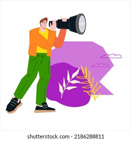 Information search or market research, business vision of growth opportunity and looking forward concept, flat cartoon vector illustration isolated on white background. Man with spyglass.