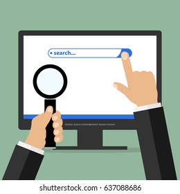 Information search string on the monitor with the hand and magnifying glass in hand. Flat design, vector illustration, vector.