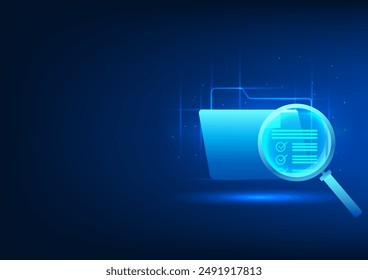 Tecnología de búsqueda de información El icono del documento que aparece delante es una lupa que permite ver el documento. Muestra el uso de la tecnología cibernética para buscar datos almacenados en sistemas en la nube.