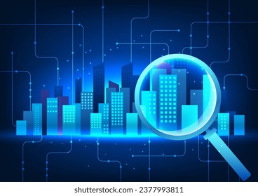 Information search technology The magnifying glass that shines on the Smart City on the back is a circuit that connects technology. Large cities with smart technology meet the needs of residents.