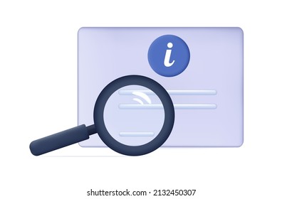 Information search, view checklist, 3d document. User guide, manual or instruction. Paper checklist, informational data, answers to questions. Guide page with search results. Vector illustration.